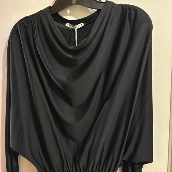 NWT Zara Black Mini Dress with Batwing sleeves, draped neck! Size S US - Picture 2 of 6